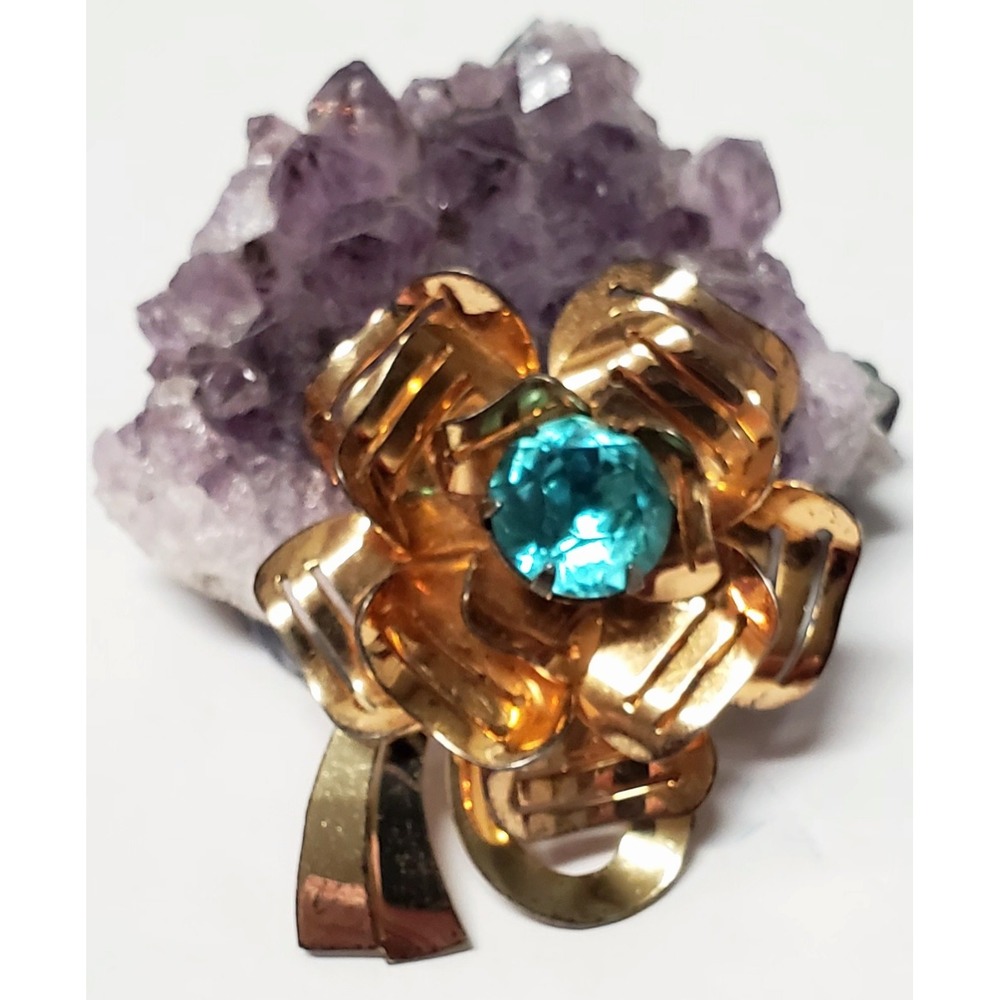 VTG Brooch Ernest Steiner Sterling Silver Vermeil Signed Floral Simulated Topaz